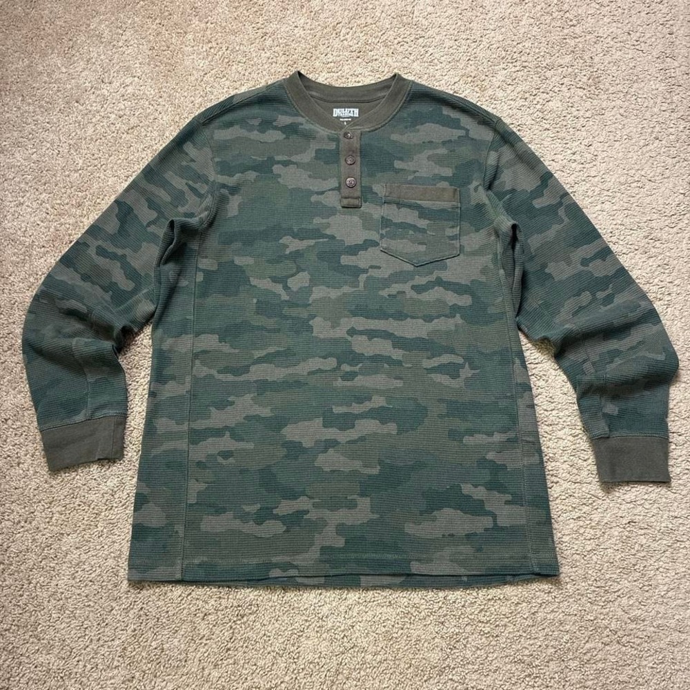 Green Camo Long Sleeve Henley Waffle Knit Thermal Pocket Long Sleeve Shirt Large